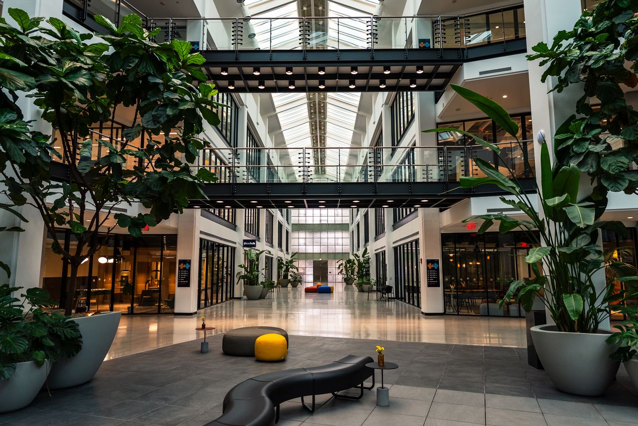 gallery-5 Spacious modern office atrium featuring indoor plants, skylight, and seating area.